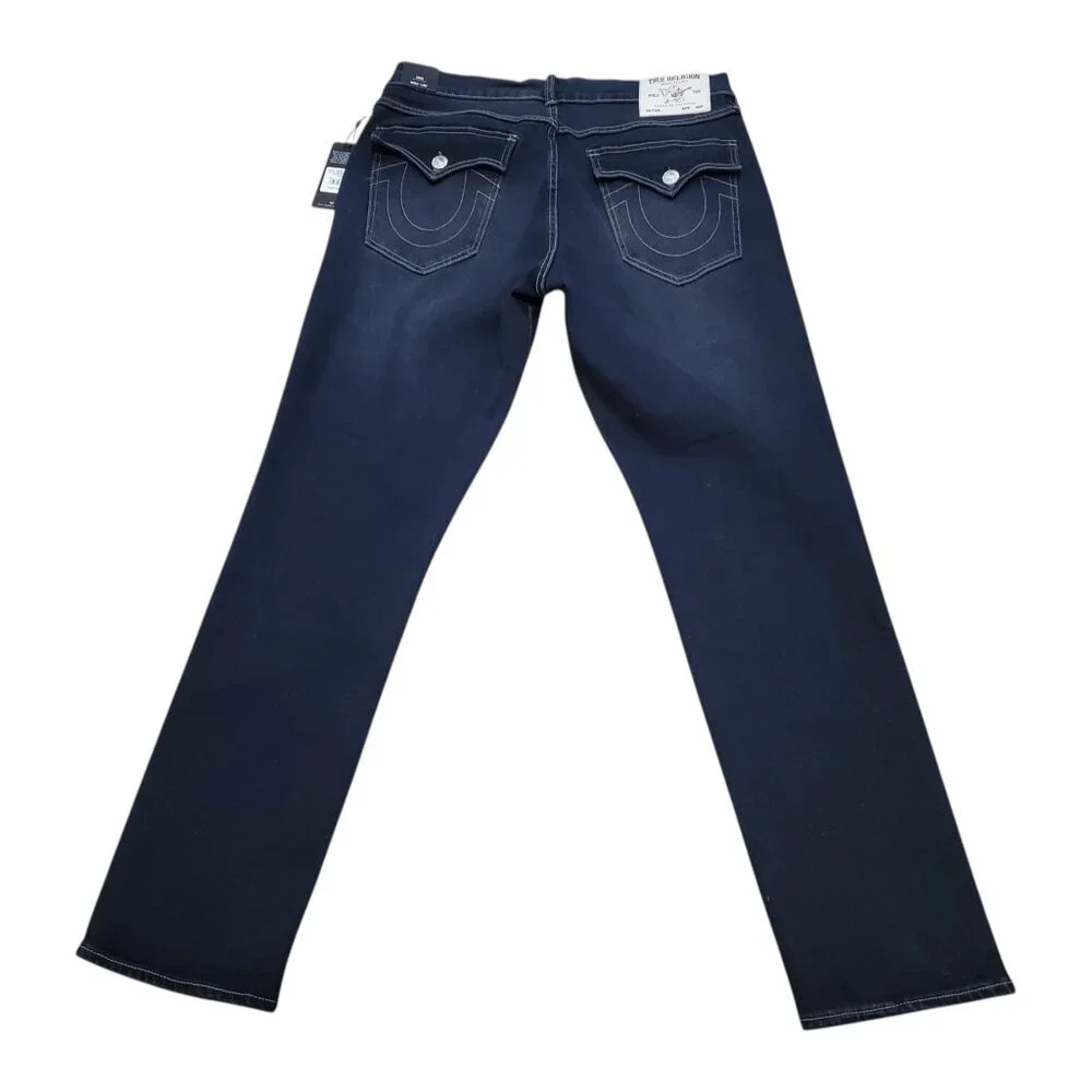 NEW TRUE RELIGION Men's Geno Relaxed Slim Distressed Dark Wash Blue Jeans